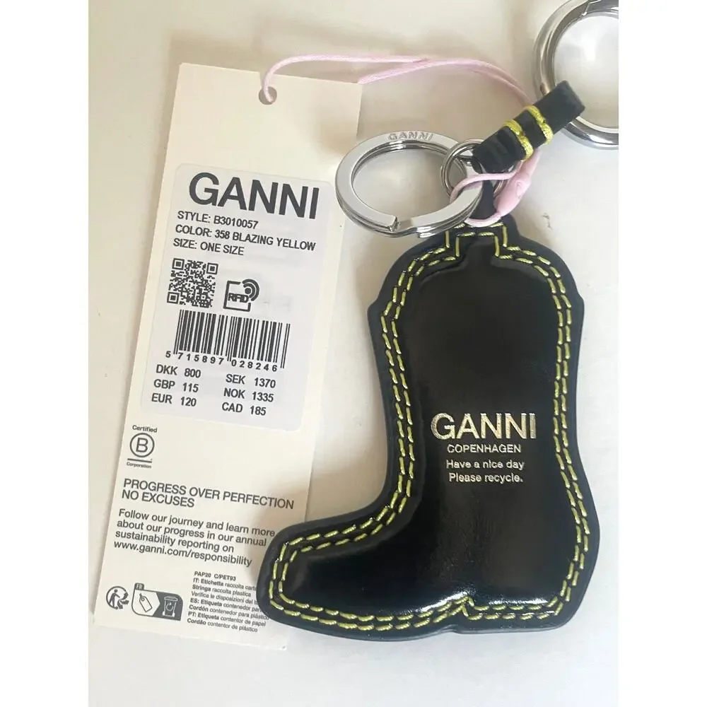 GANNI Western Boot Keyring Black Yellow Leather Bag Charm